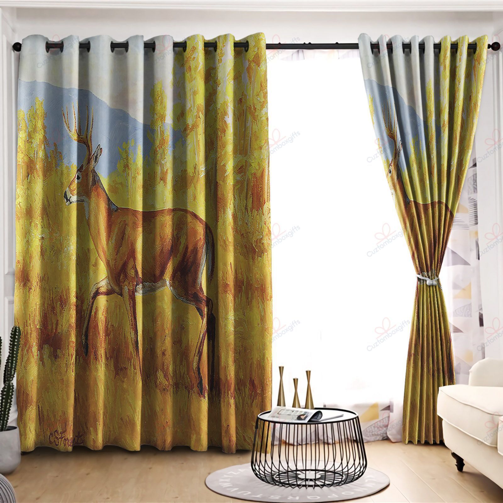 Fall Deer Yellow Theme Printed Window Curtains Home Decor