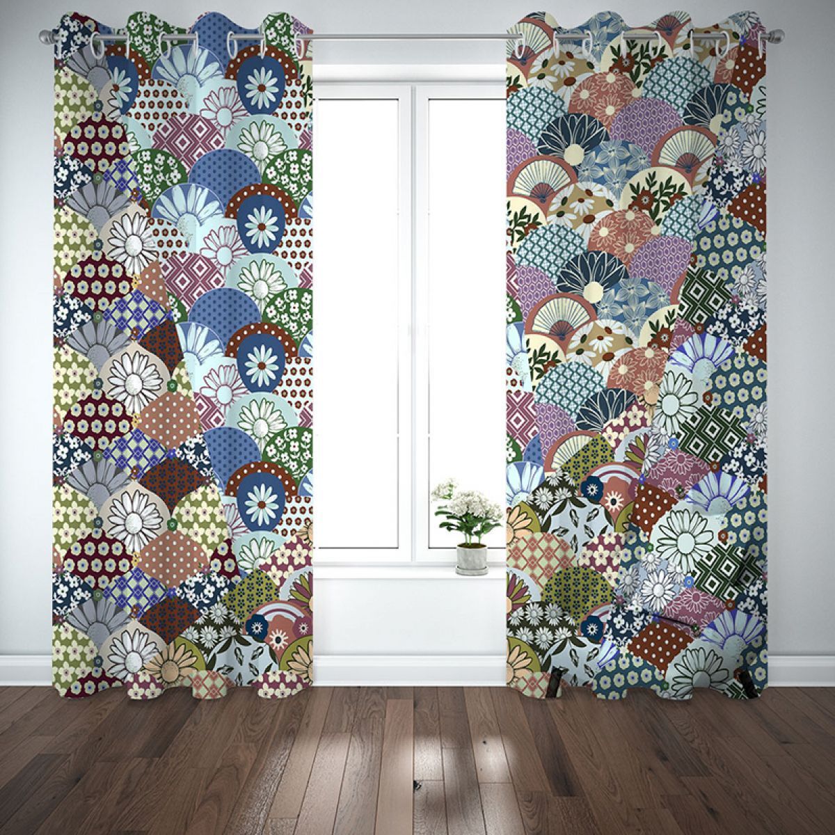 Fans With Floral Design Parlour Printed Window Curtain Home Decor