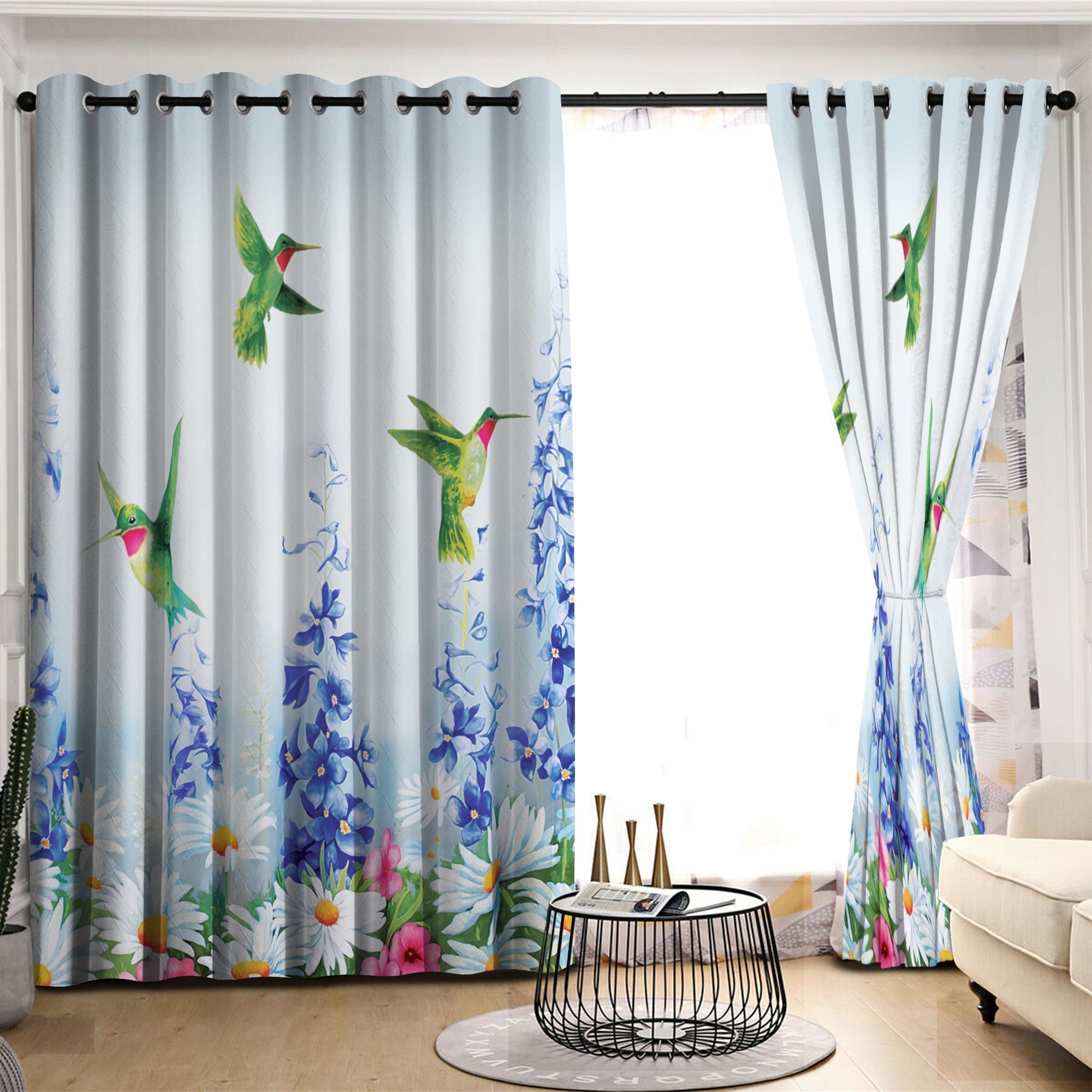 Feeling Free Hummingbirds Daisy Flower Printed Window Curtain