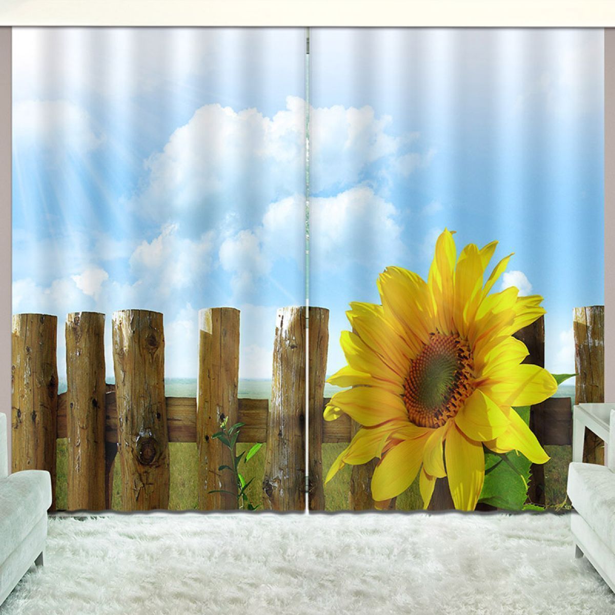 Fence And Sunflower Printed Window Curtain Home Decor