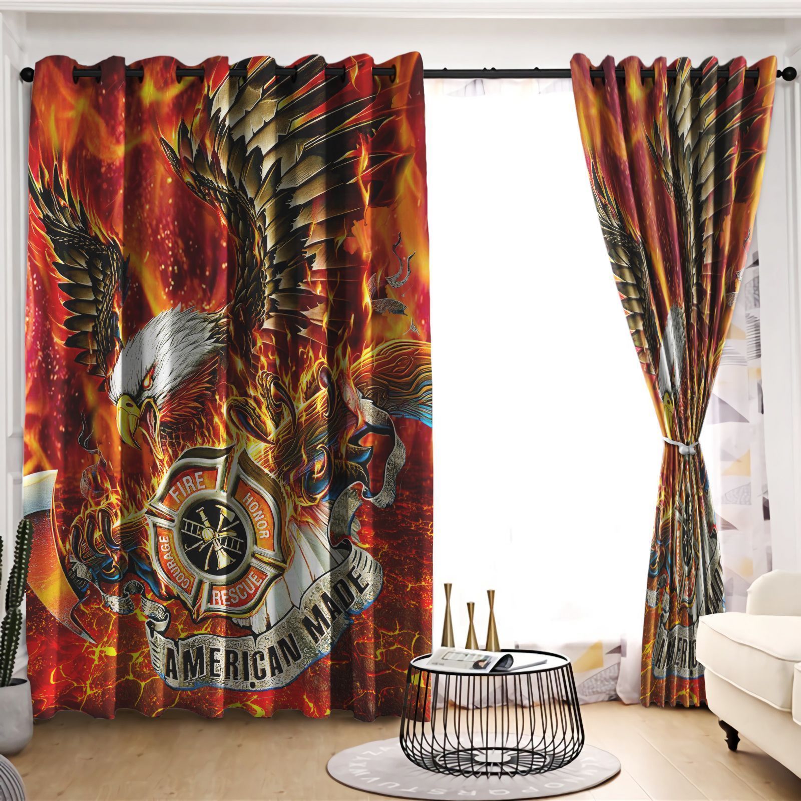 Firefighter American Made Eagle Printed Window Curtain Home Decor