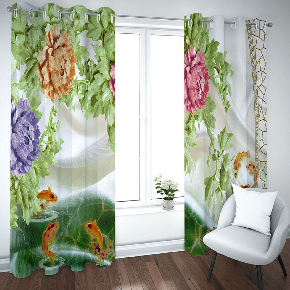 Fishes And Peonies Printed Window Curtain Home Decor
