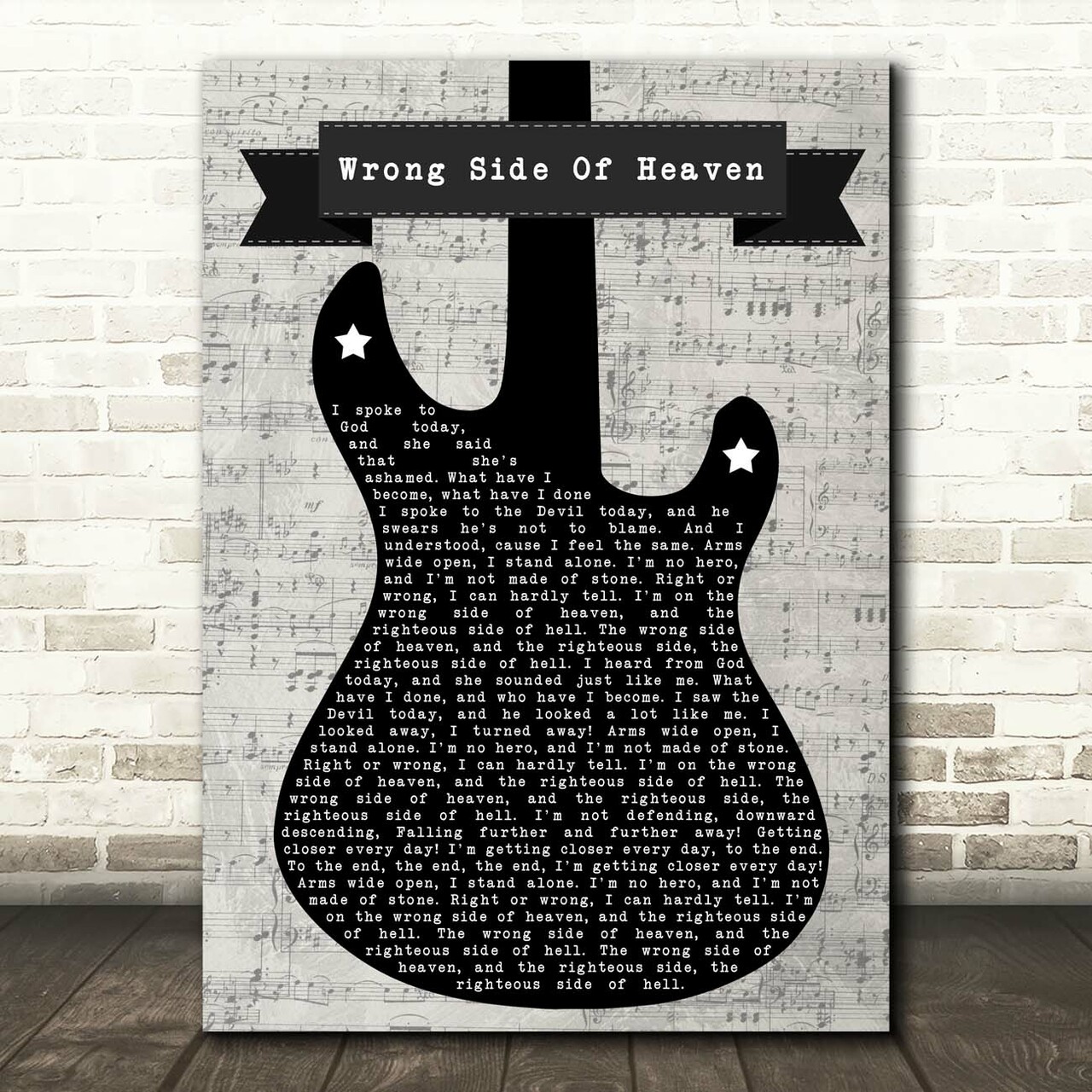 Five Finger Death Punch Wrong Side Of Heaven Electric Guitar Music Script Song Lyric Print
