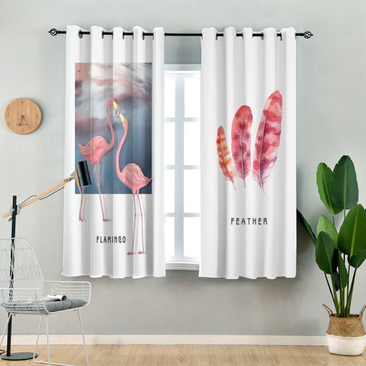 Flamingo And Pink Feather Printed Window Curtain Home Decor