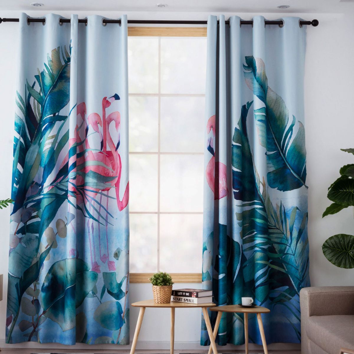 Flamingo And Tropical Leaves Printed Window Curtain Home Decor