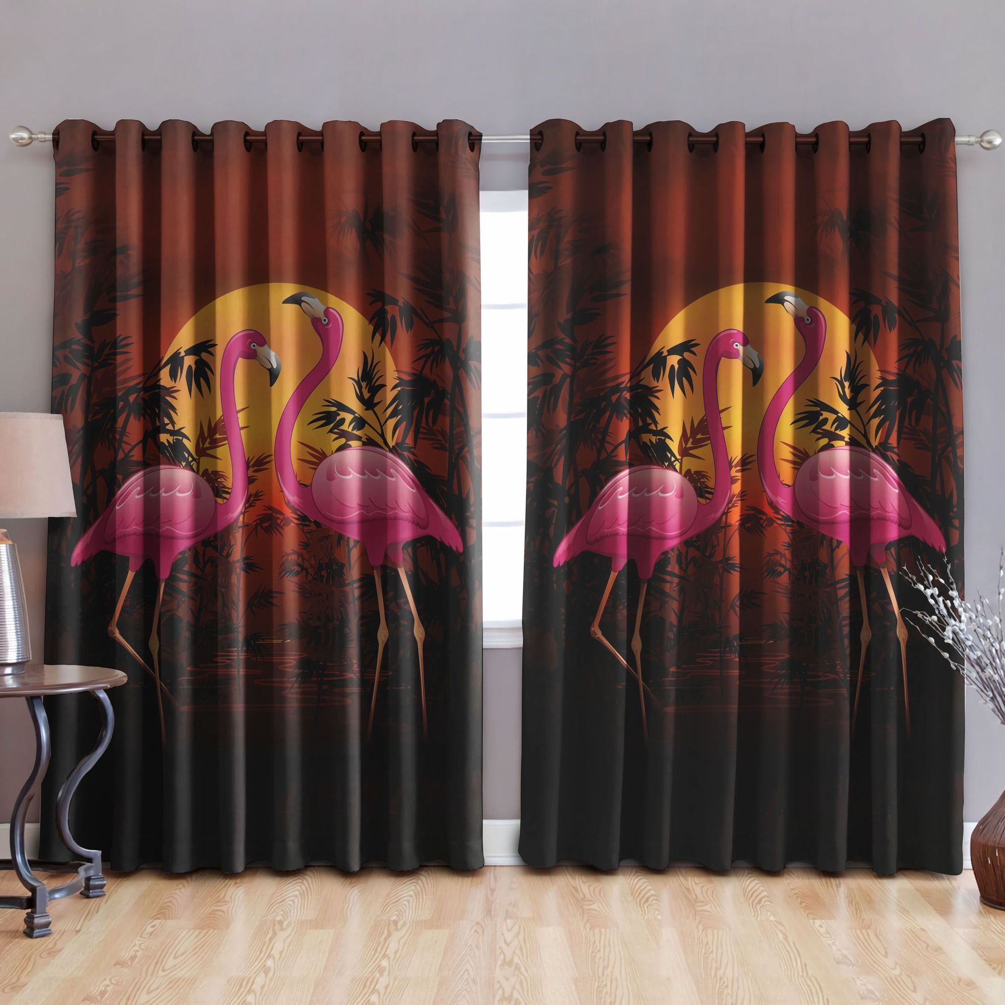 Flamingo Couple Red Moon Printed Window Curtain Home Decor