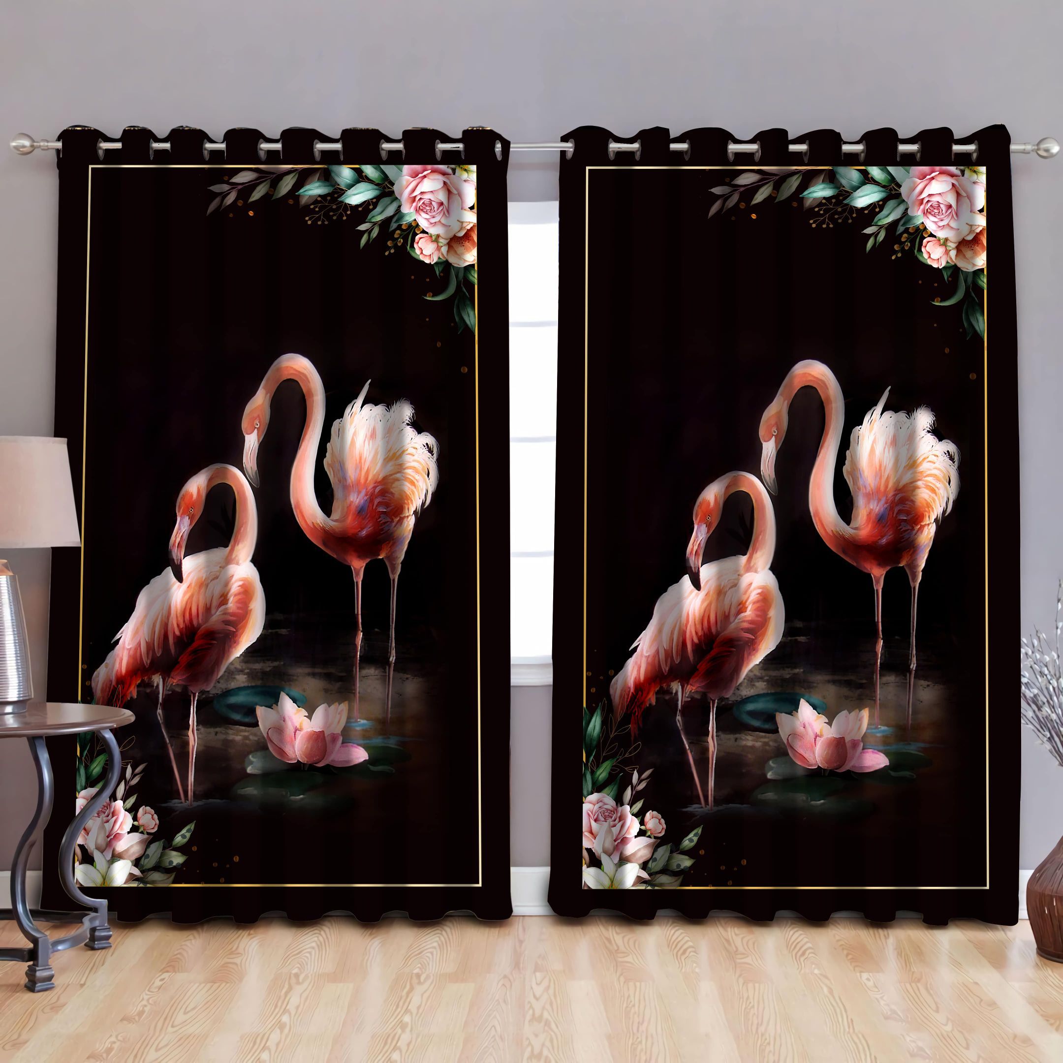 Flamingo Lotus Flower Printed Window Curtains Home Decor
