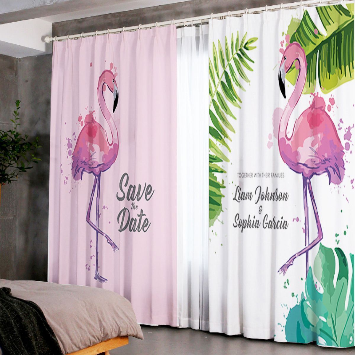 Flamingo Save The Date Printed Window Curtain Home Decor