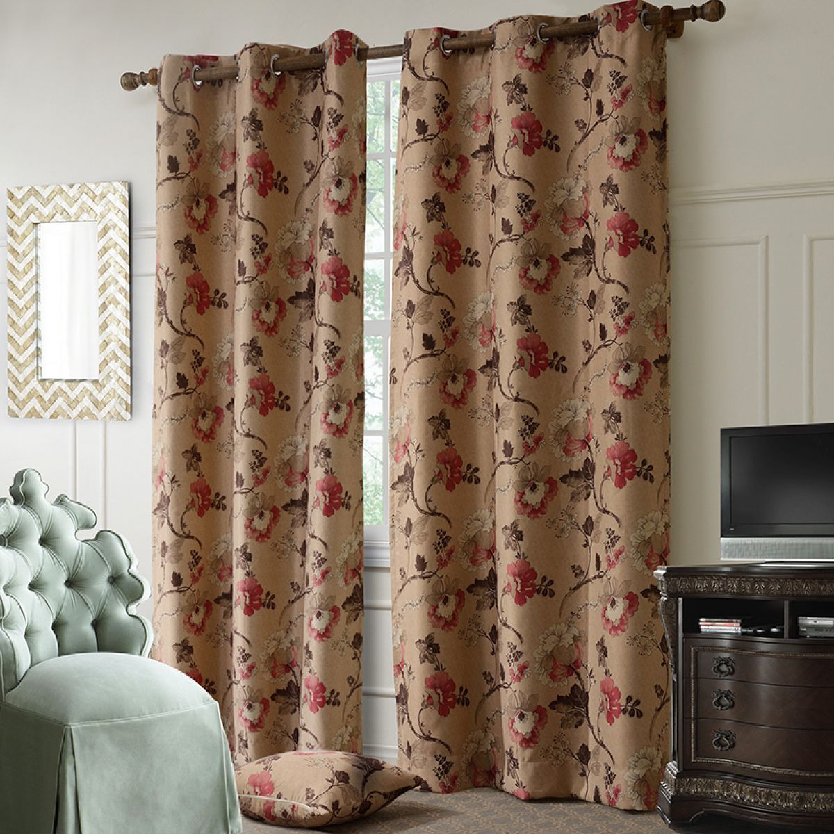 Floral On Brown Background Printed Window Curtain Home Decor