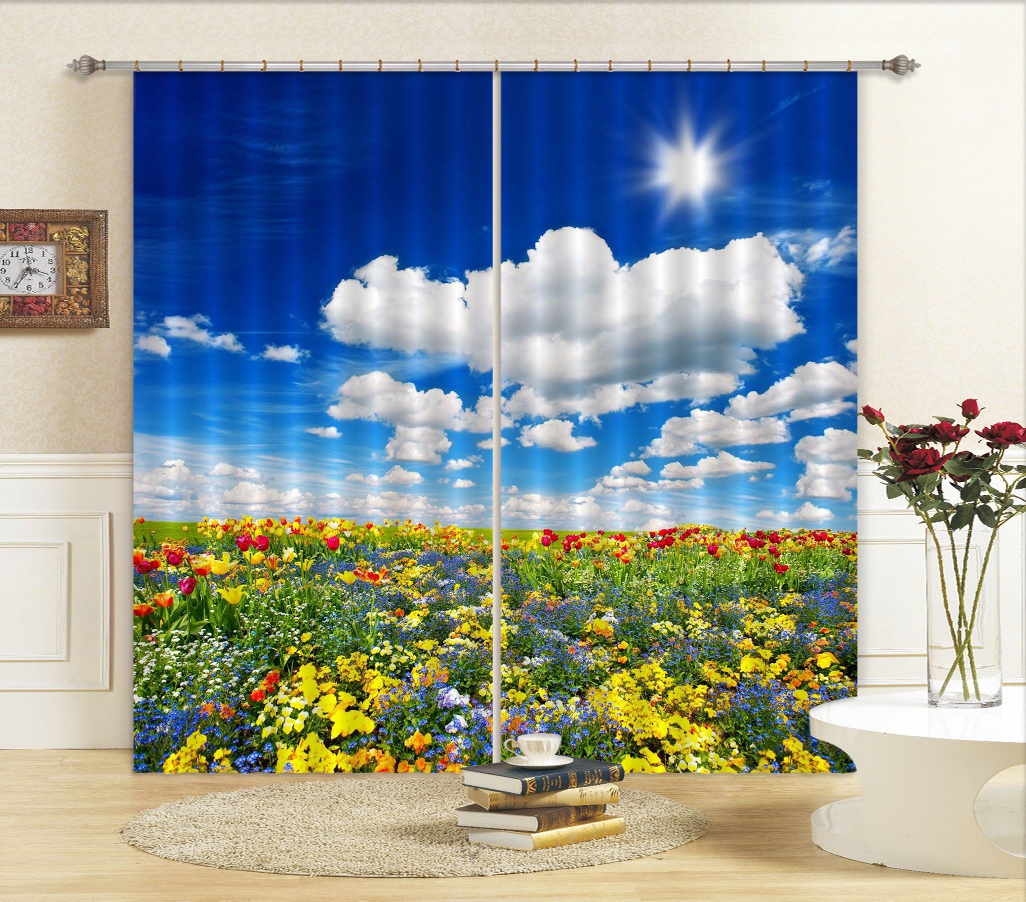 Flower Field And Blue Sky Printed Window Curtain