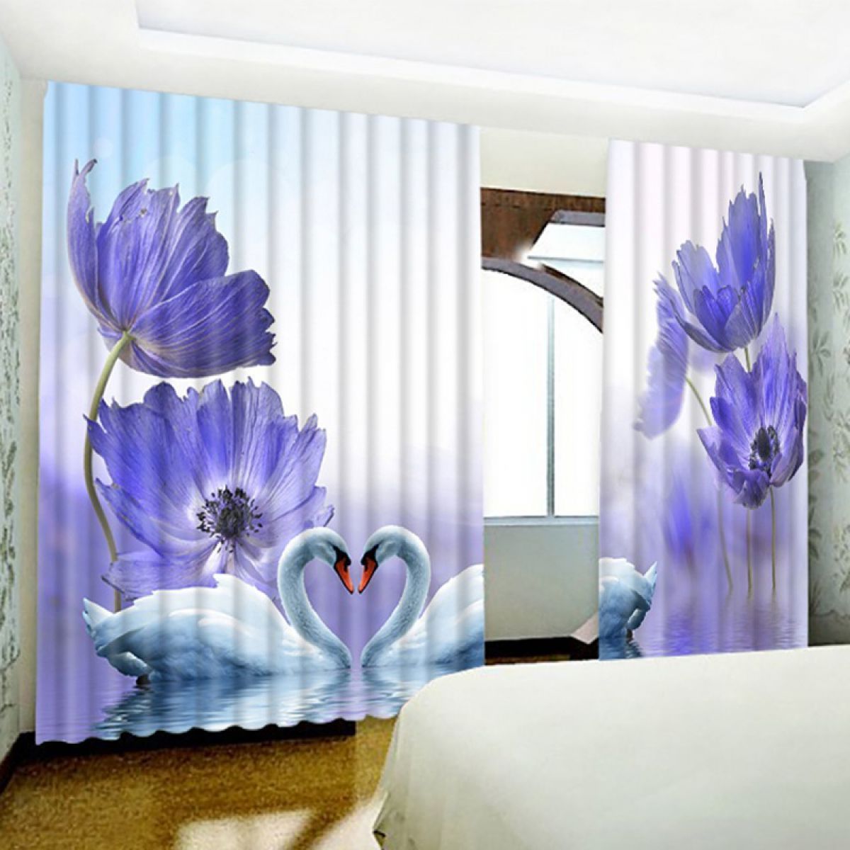 Flowers And Couple Swans Printed Window Curtain Home Decor