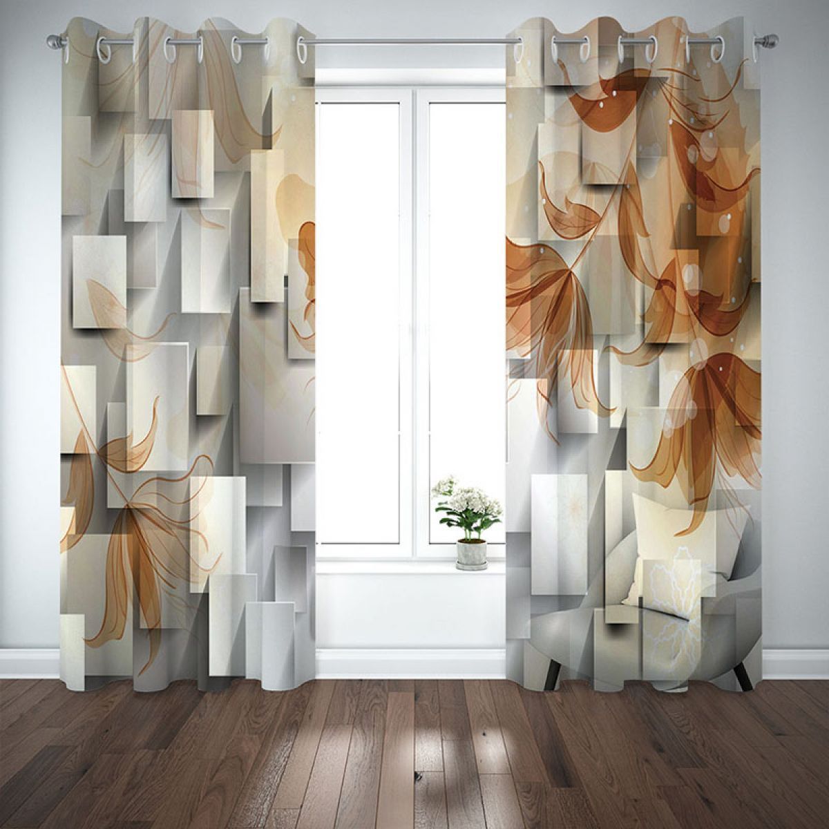 Flowers Geometric Brown And White Printed Window Curtain Home Decor