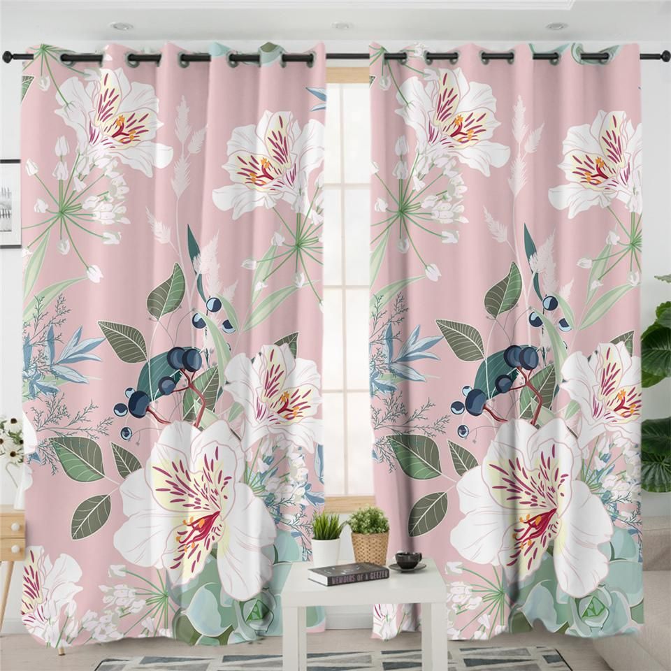 Flowers Teal Color Printed Window Curtains Home Decor