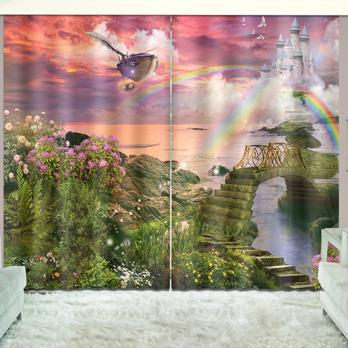 Flying Boat Magical Castle Printed Window Curtain Home Decor