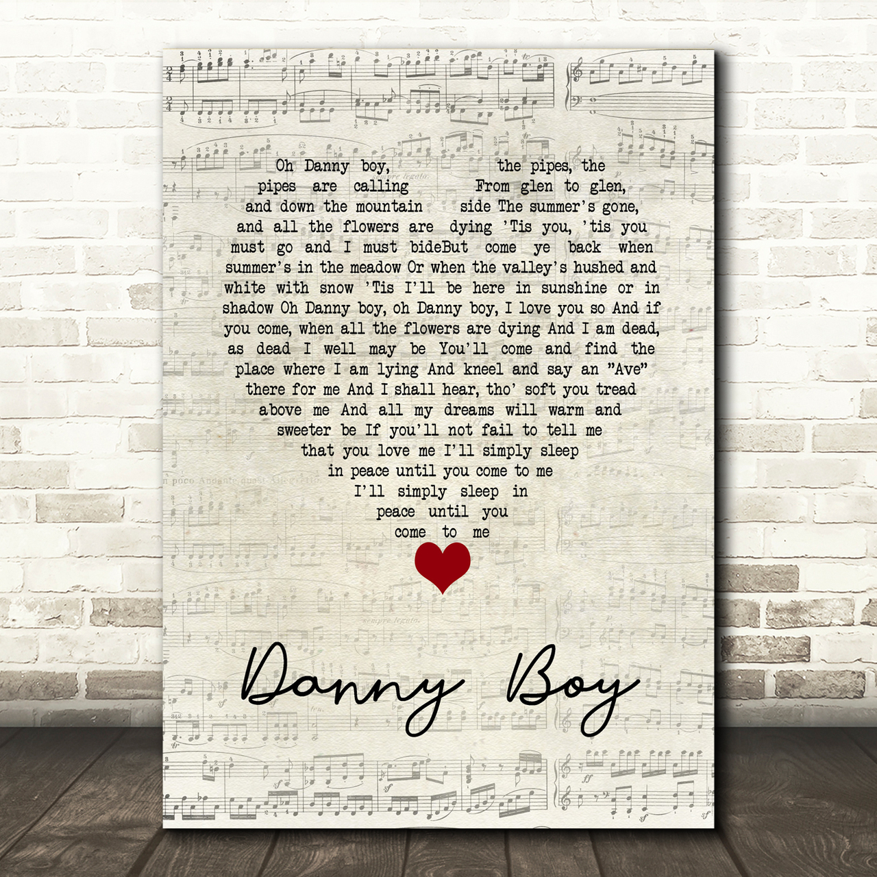 Frederic Weatherly Danny Boy Script Heart Song Lyric Wall Art Print