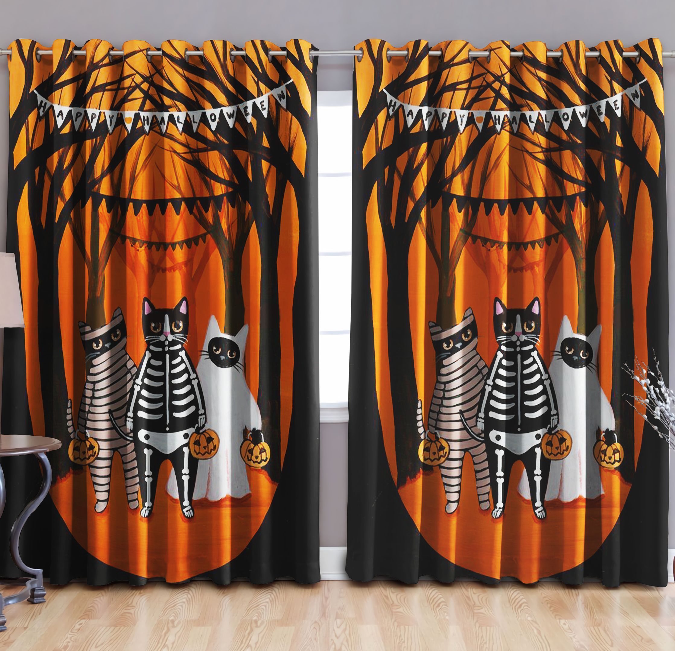 Funny Cat Happy Halloween Printed Window Curtain Home Decor