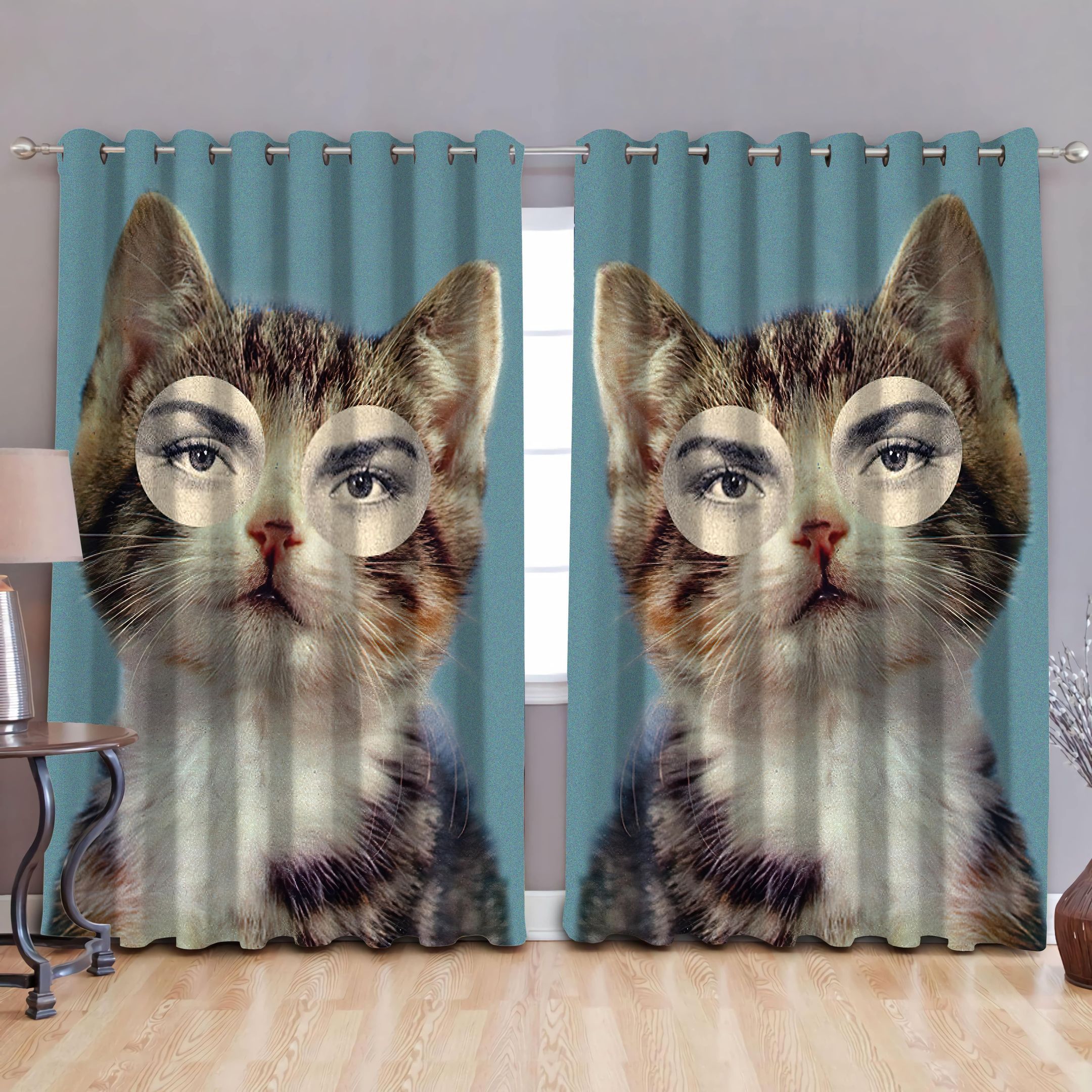 Funny Cat Pastel Blue Background Printed Window Curtain