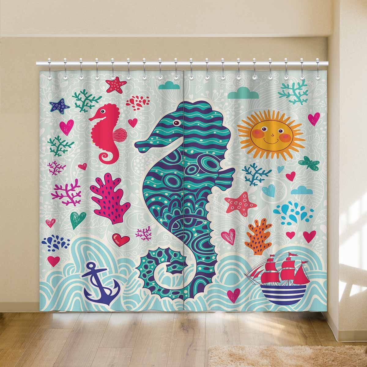Funny Color Seahorse With Sun Printed Window Curtain