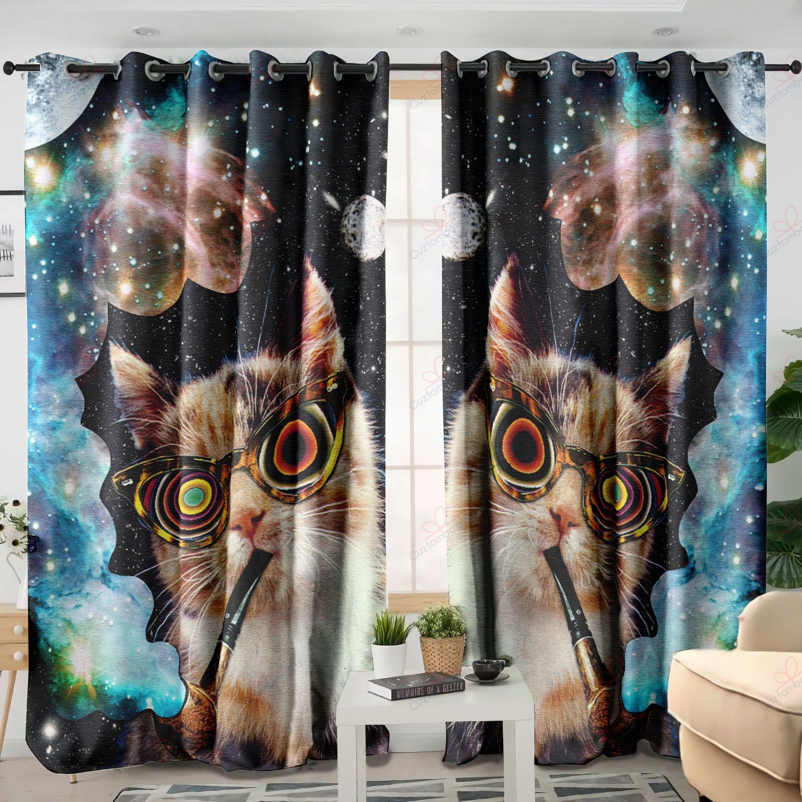 Galaxy Cat Moon Window Curtain Home Decor