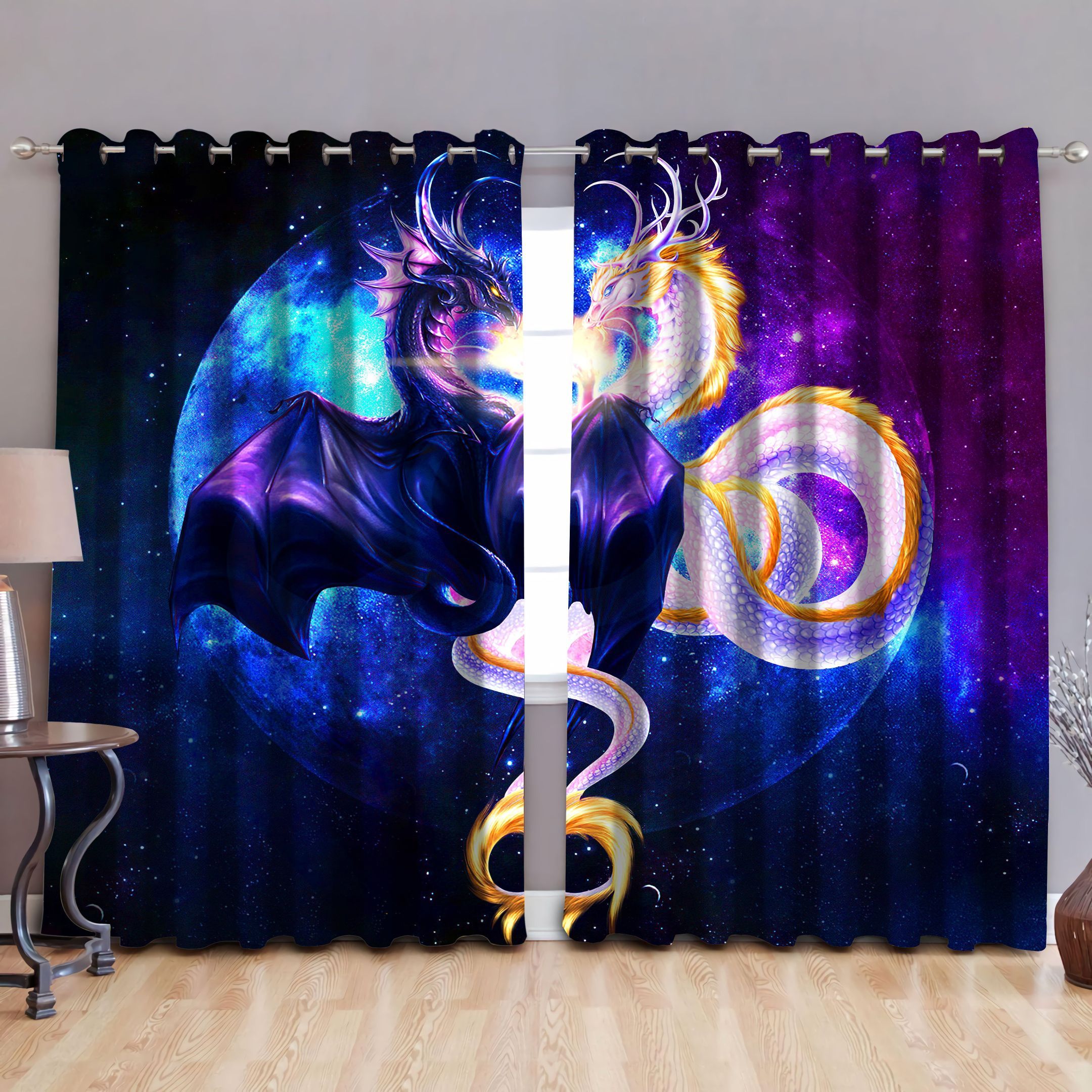 Galaxy Dragon Art Making Heart Shape Printed Window Curtain - Dragon Blackout Curtains