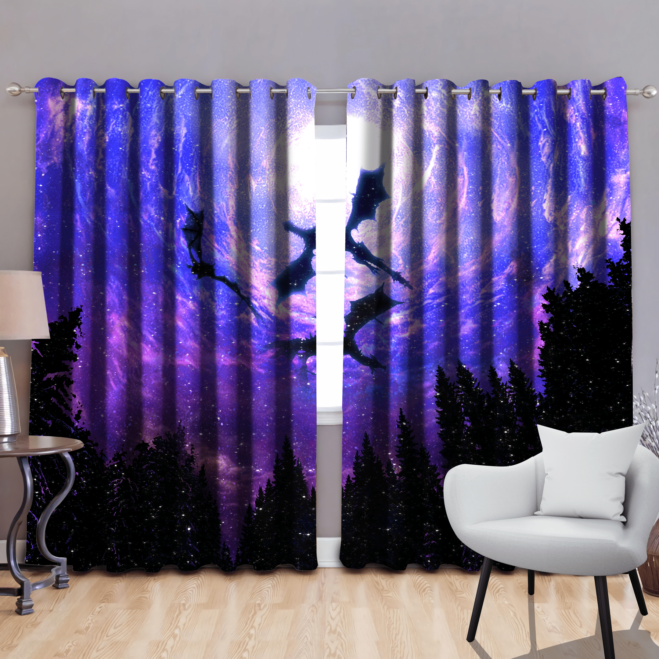 Galaxy Flying Dragon Art Printed Window Curtain - Dragon Blackout Curtains