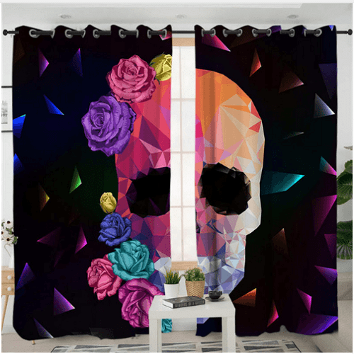 Geometric Skull With Roses Printed Window Curtain