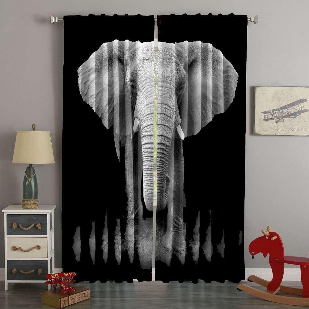 Giant Elephant Black Printed Window Curtain Home Decor