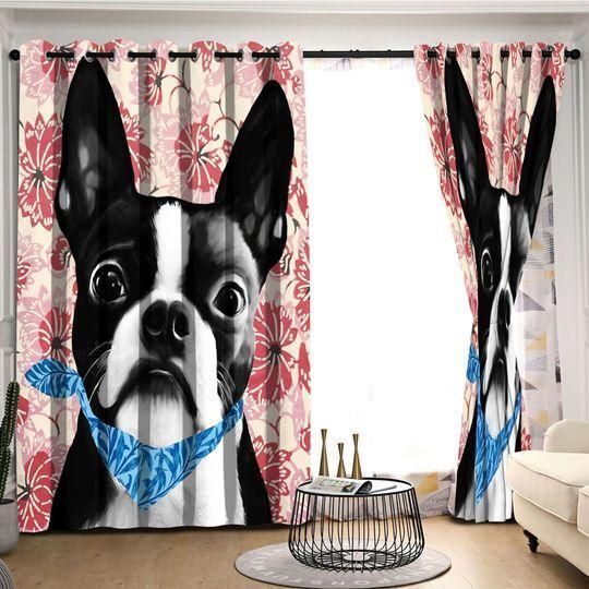 Gift For Dog Lovers Boston Terrier Pink Flower Motif Printed Window Curtain
