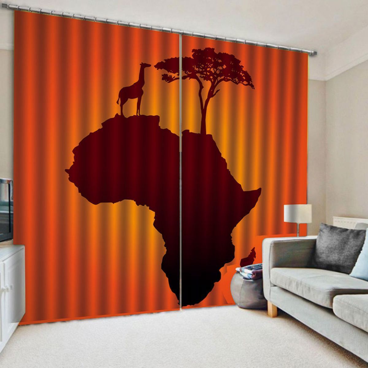 Giraffe And Tree On The Map Of Africa Printed Window Curtain Home Decor