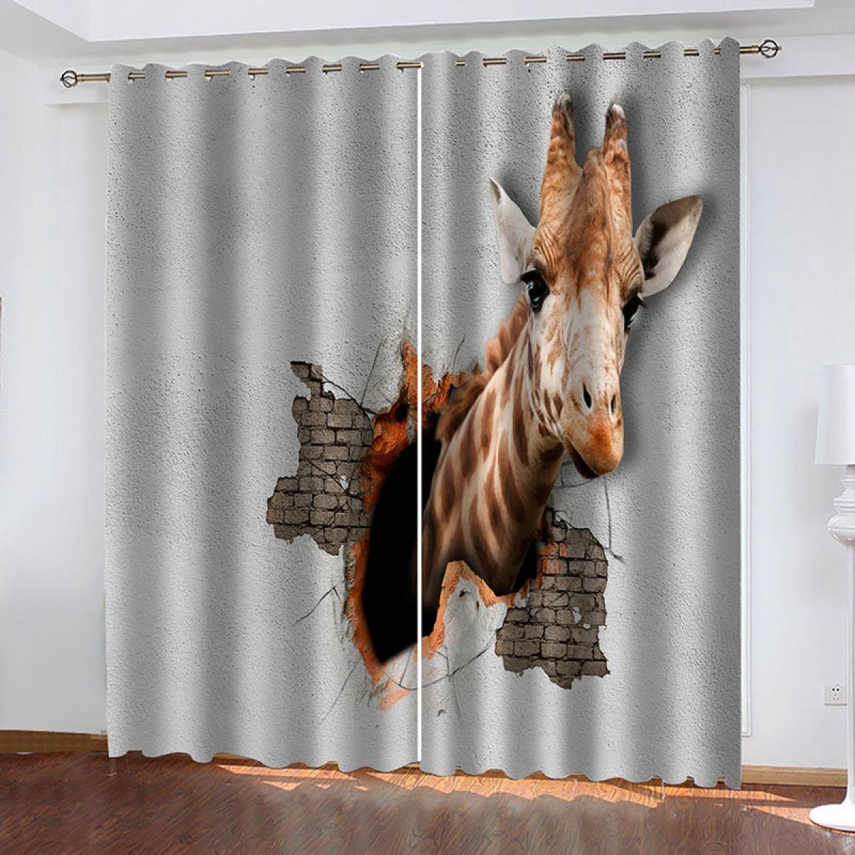 Giraffe Breaking Into The Wall Printed Window Curtain Home Decor