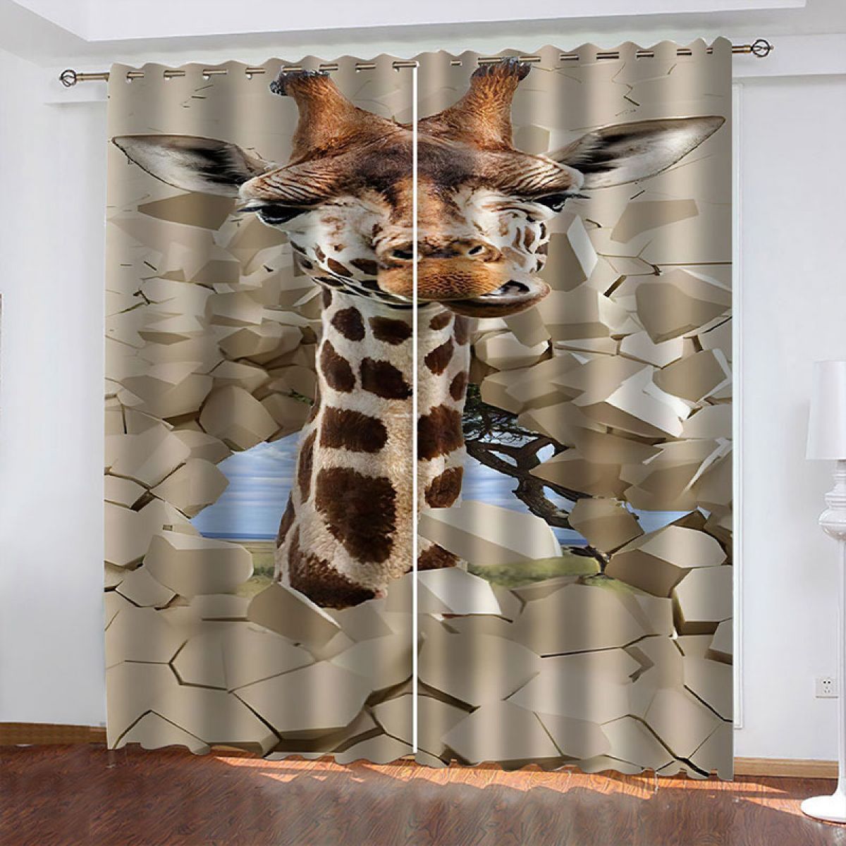 Giraffe Breaking Through The Wall Printed Window Curtain Home Decor