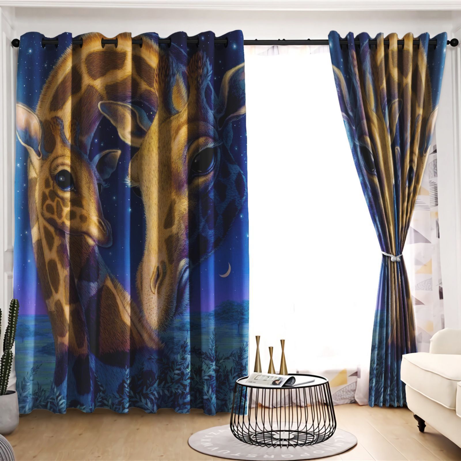 Giraffe Night Sky Printed Window Curtain Home Decor
