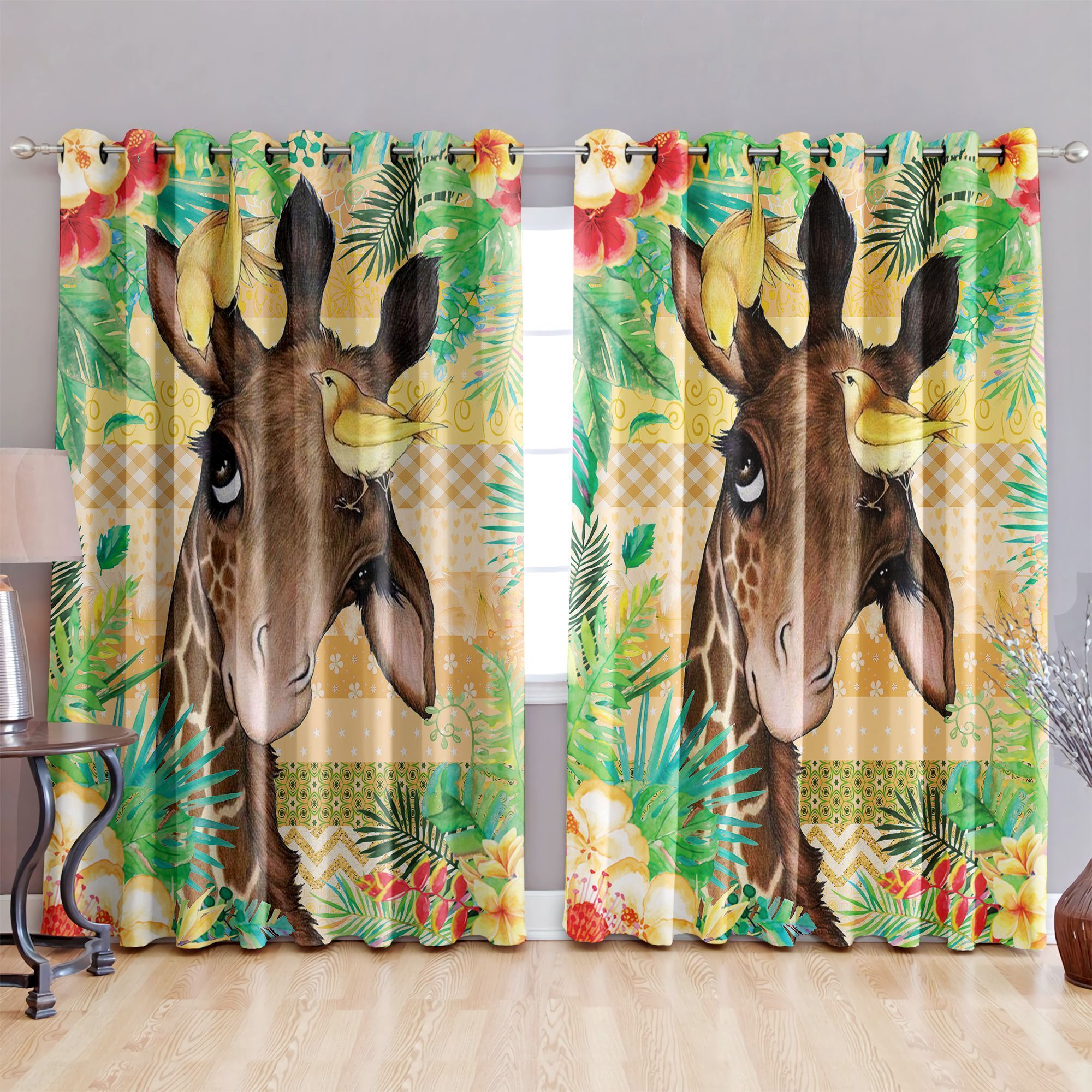Giraffe Yellow Bird Tropical Forest Printed Window Curtain Home Decor