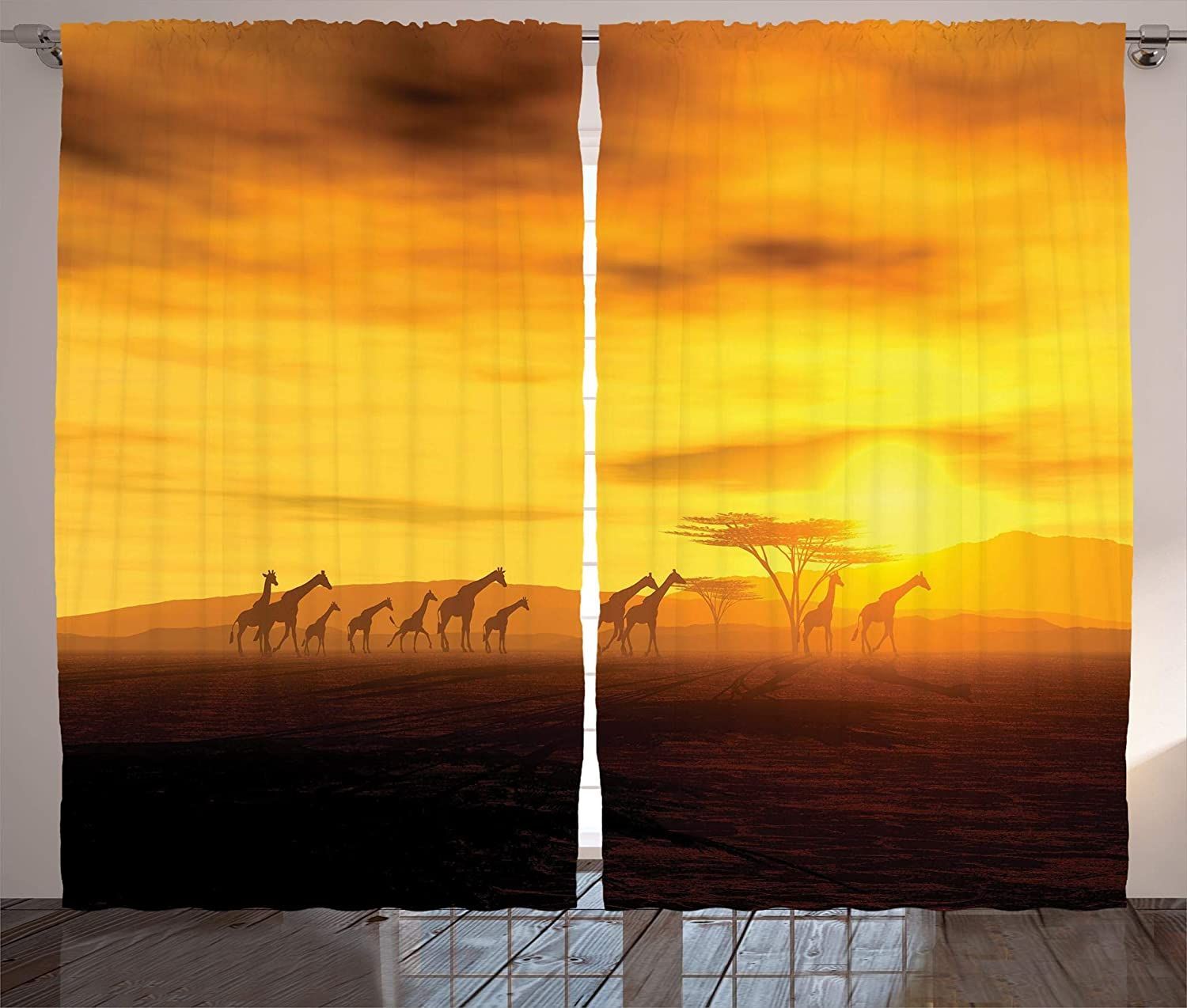 Giraffes At Sunset Dramatic Clouds Sky And Earth Horizon Wildlife Printed Window Curtain