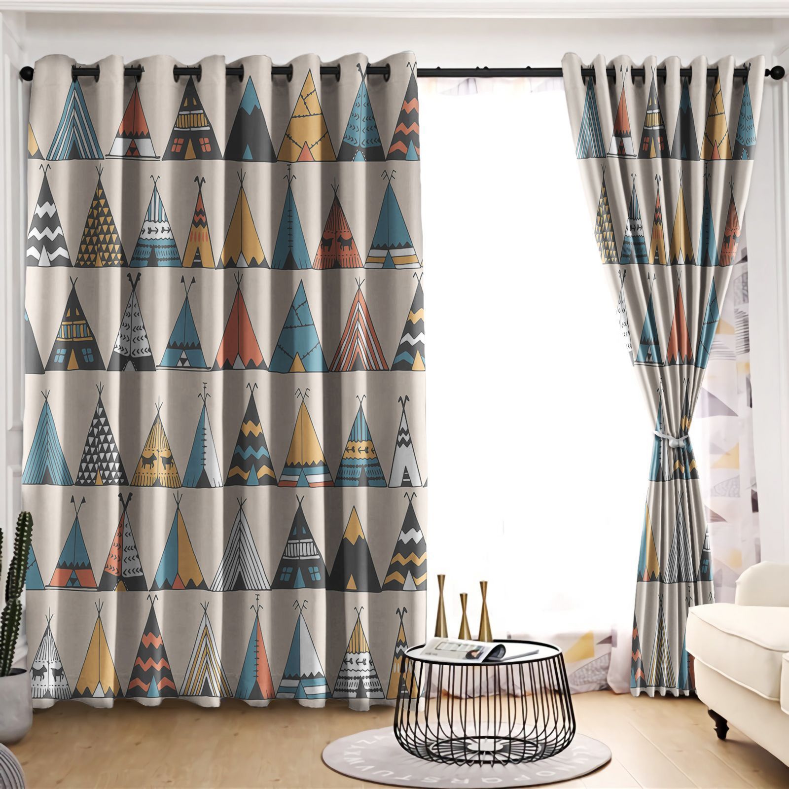 Go Camping Colorful Tents Gray Background Printed Window Curtain