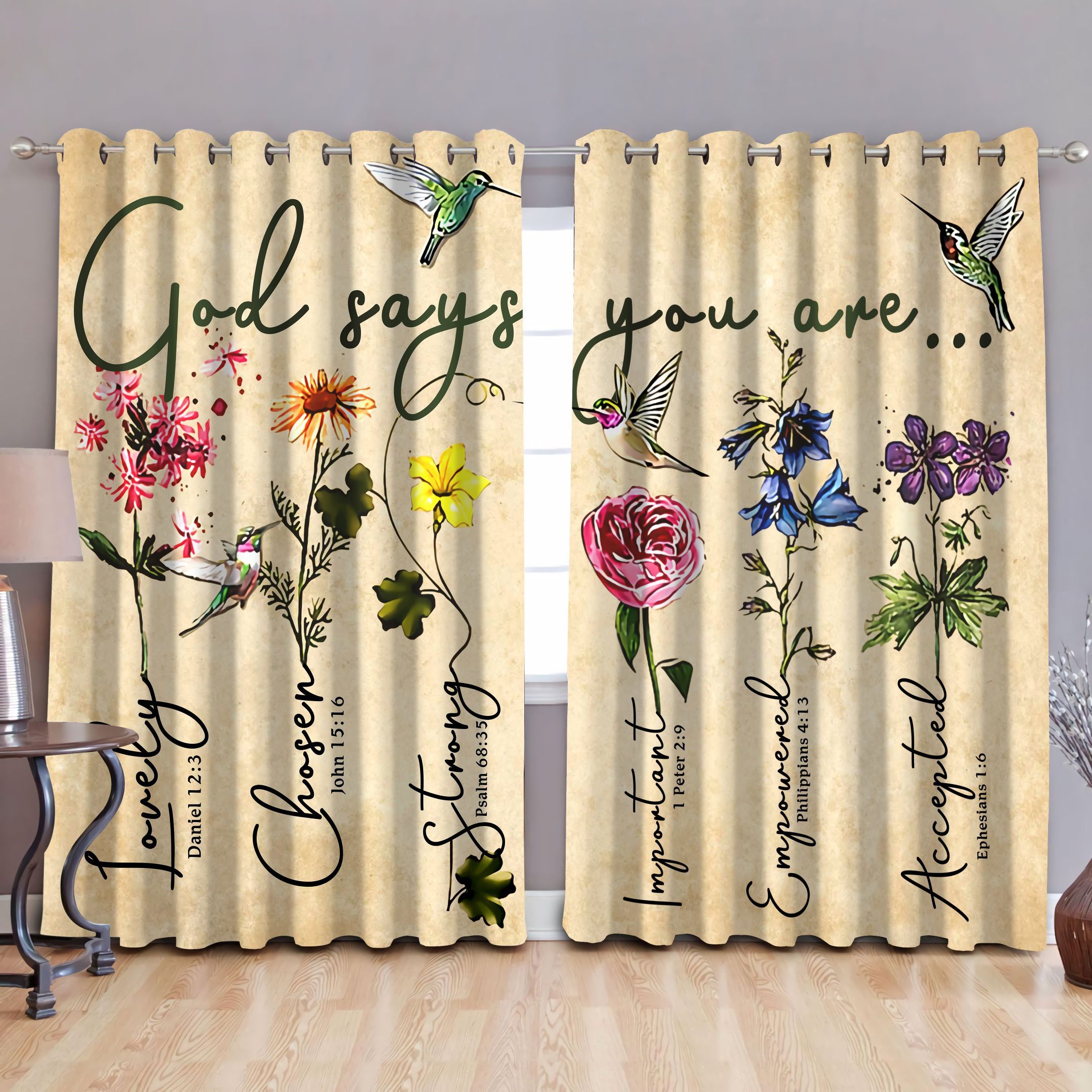 God Says You Are Strong Hummingbird Printed Window Curtain