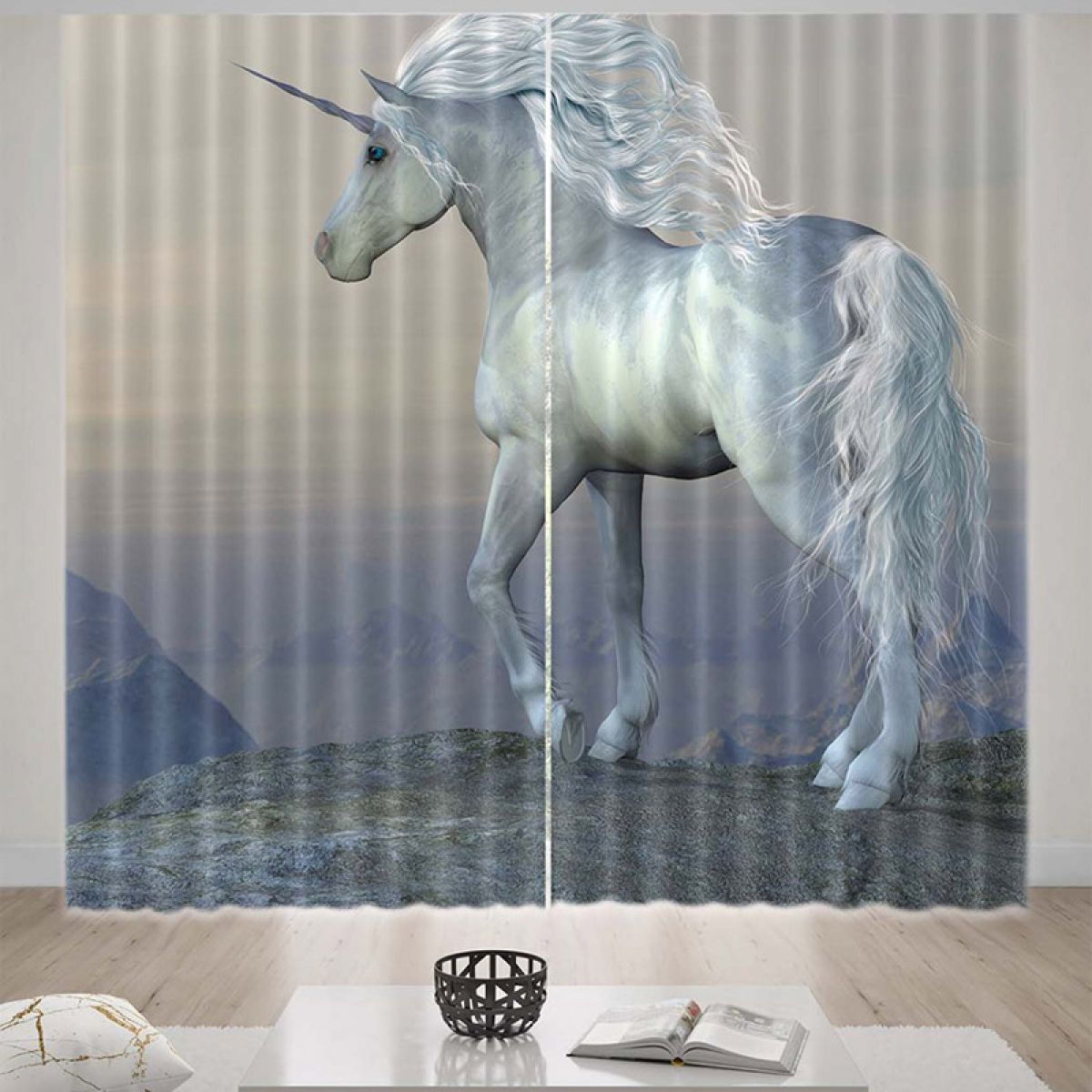 Gray And Blue Unicorn Printed Window Curtain Home Decor