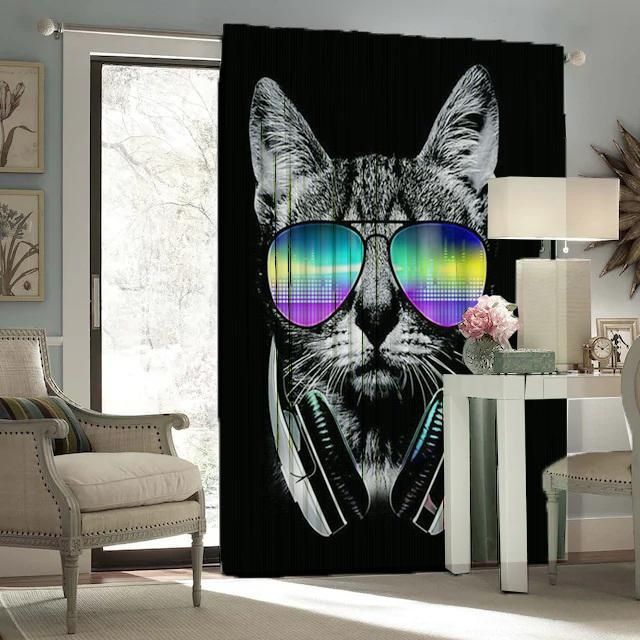 Gray Cat With Sun Glasses Printed Window Curtain