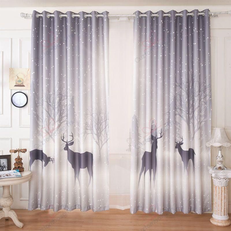 Gray Ombre Elk Printed Window Curtain Home Decor