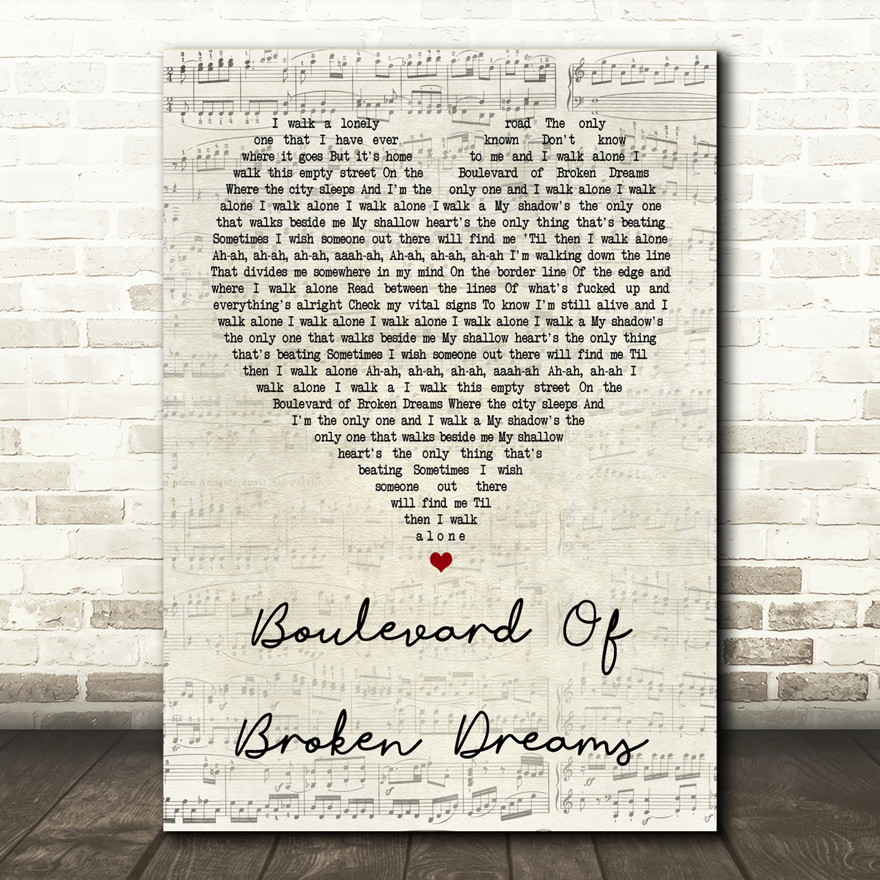 Green Day Boulevard Of Broken Dreams Script Heart Song Lyric Print