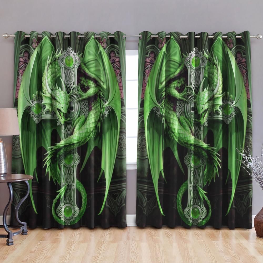 Green Dragon Hugging The Cross Printed Window Curtain - Dragon Blackout Curtains