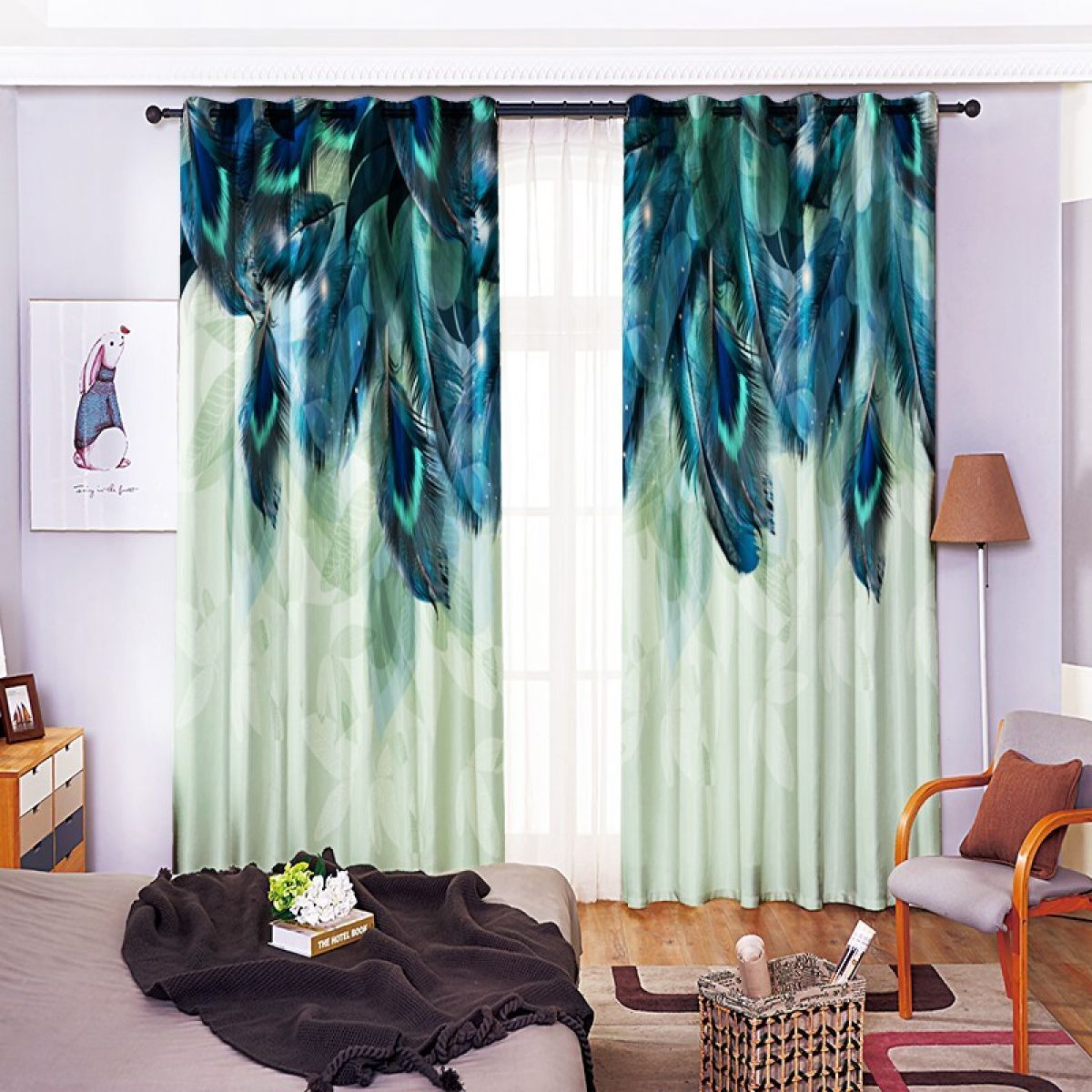 Green Feather Printed Window Curtain Home Decor