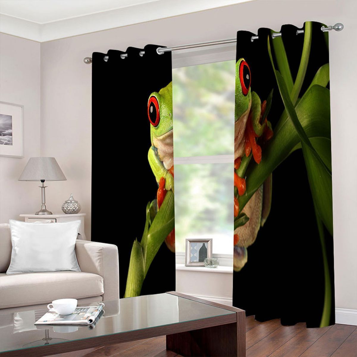 Green Frog On Leaf Printed Window Curtain Home Decor