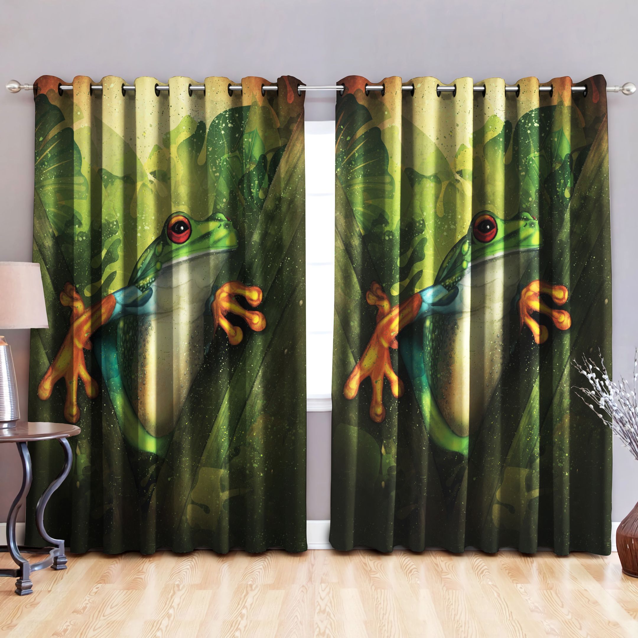 Green Frog Printed Window Curtains Home Decor