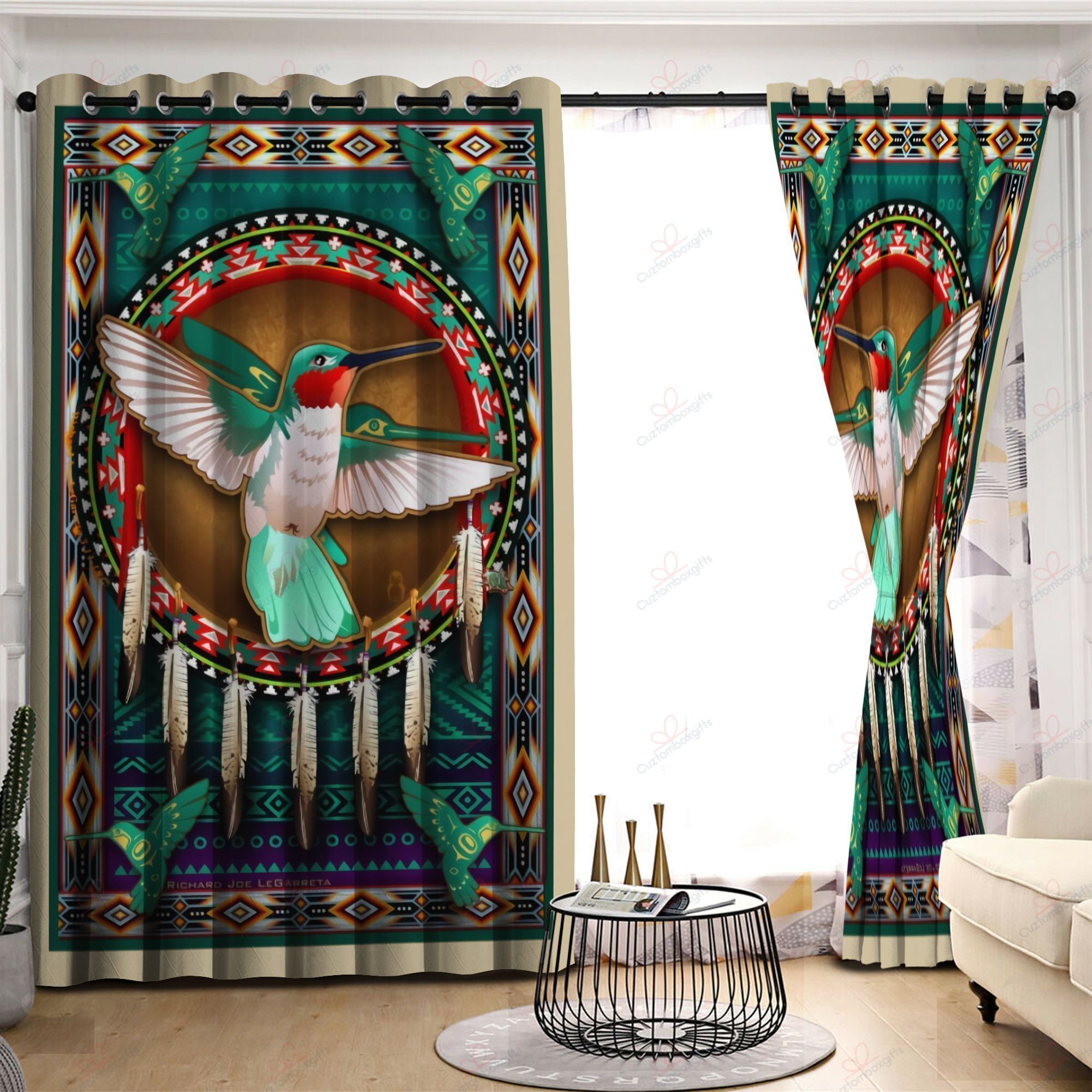 Green Hummingbird Native Culture Printed Window Curtain Home Decor