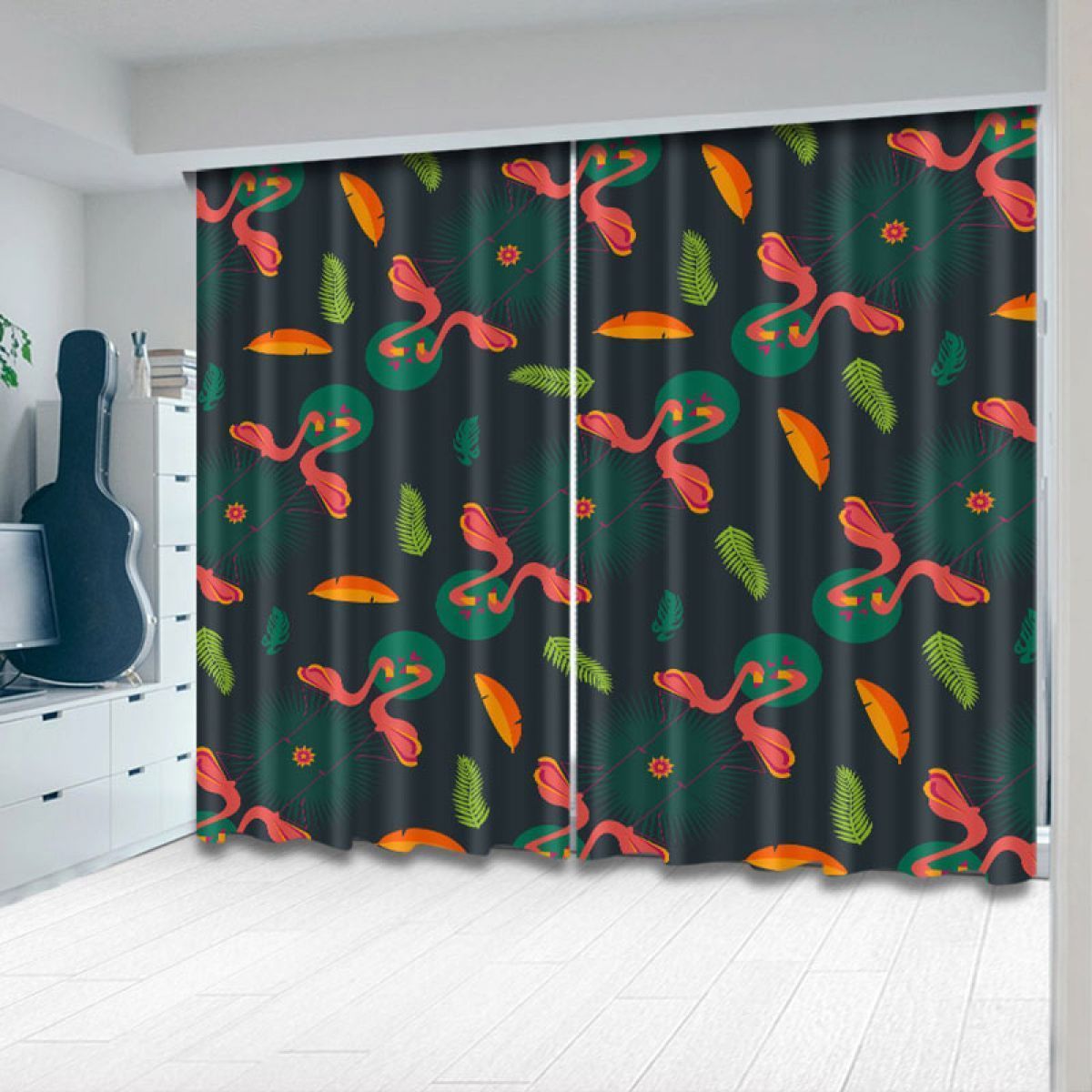 Green Leaves And Flamingo Dark Green Printed Window Curtain Home Decor
