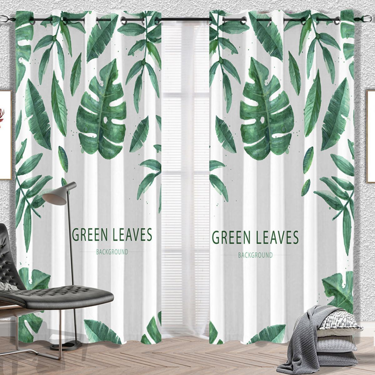 Green Leaves Text Printed Window Curtain Home Decor