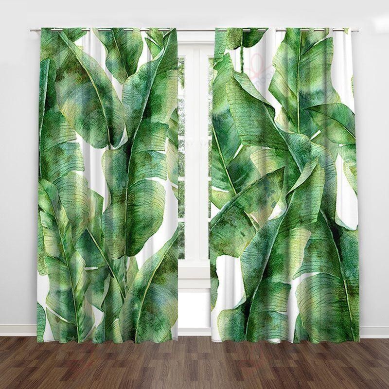 Green Palm Leaf Printed Window Curtains Home Decor