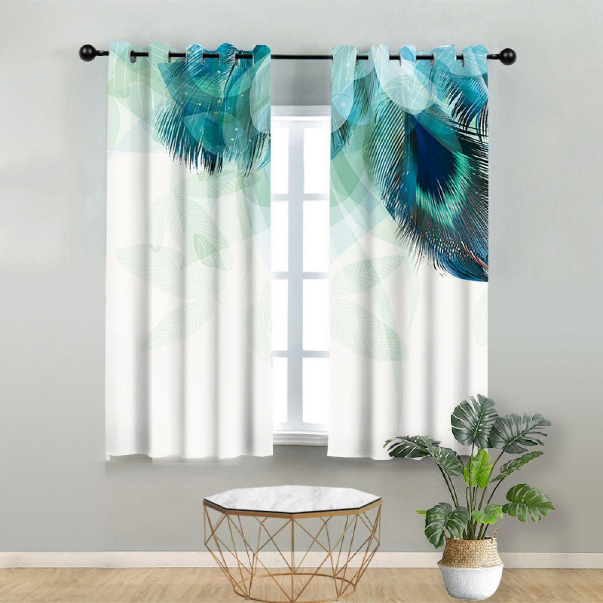 Green Peacock Feather Printed Window Curtain Home Decor