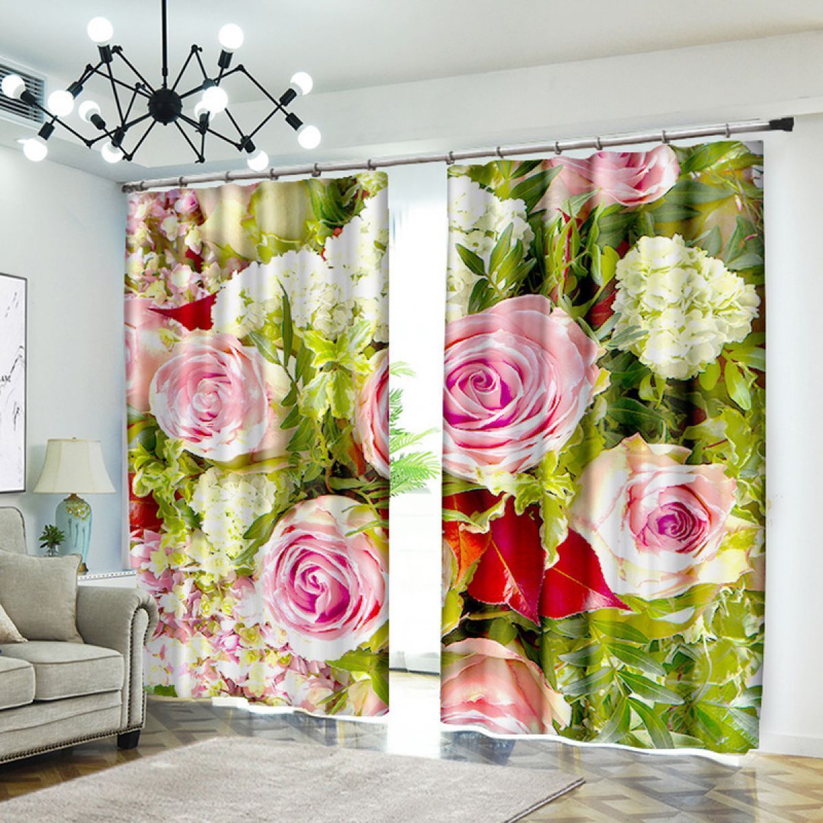 Green Rose Printed Window Curtain Home Decor